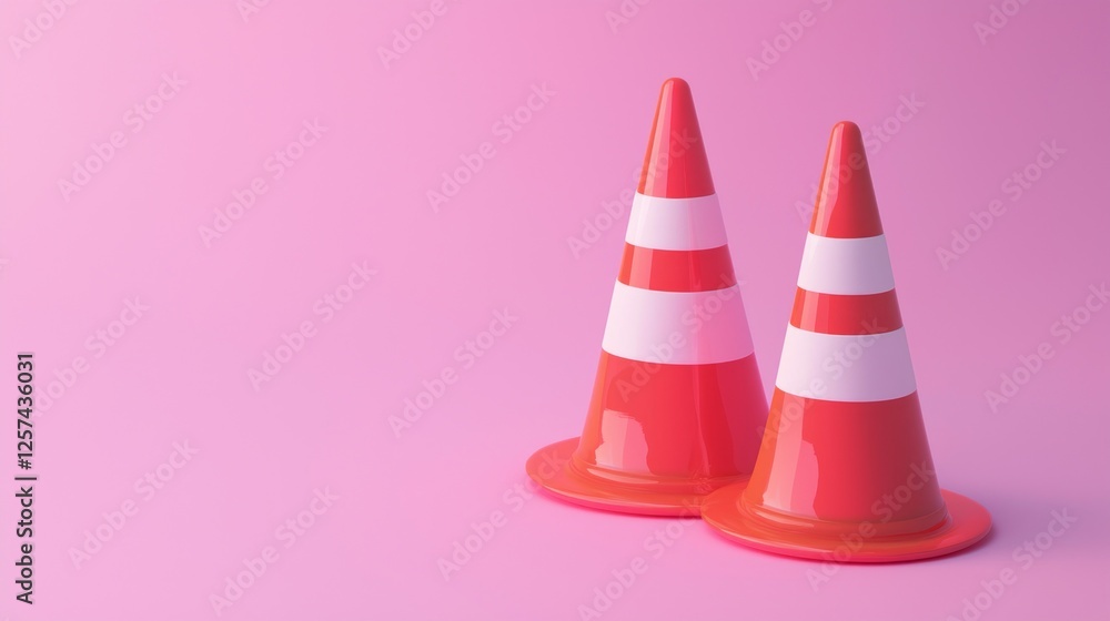 Poster two vivid red traffic cones with white stripes stand close together against a soft pink background, 
