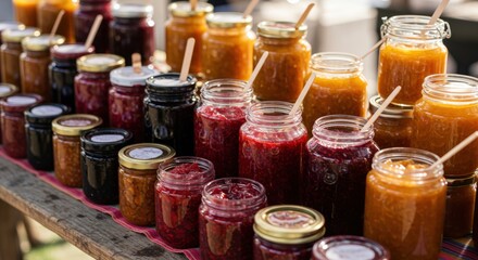 Assorted jars of homemade jams and preserves at a local market
