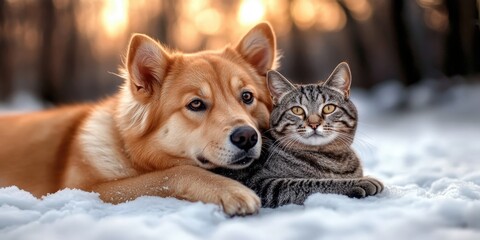 Fototapeta premium Cozy winter scene with fluffy golden dog and tabby cat snowy forest animal photography peaceful atmosphere close-up view