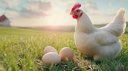 Fototapeta premium Chicken on Green Grass Next to Fresh Brown Eggs at Sunrise in a Serene Farm Landscape