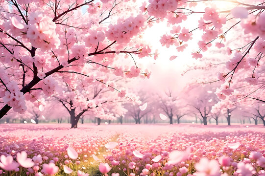 Cherry blossom field in full bloom, soft pink petals falling, gentle spring breeze, bright sunlight, peaceful atmosphere, ultra-realistic, high detail.