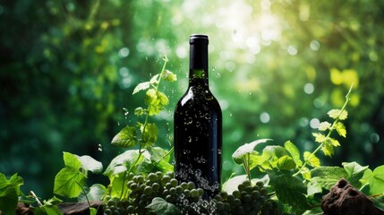 Wine bottle surrounded by lush green grapevines, water droplets glistening. A refreshing summer scene.