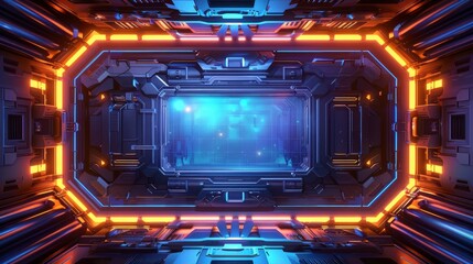 Fototapeta premium Futuristic spaceship interior with vibrant neon lighting and a large central screen. Perfect for sci-fi, technology, and gaming projects.