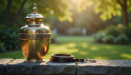 Pet memorial urn with collar on stone ledge in sunlit park