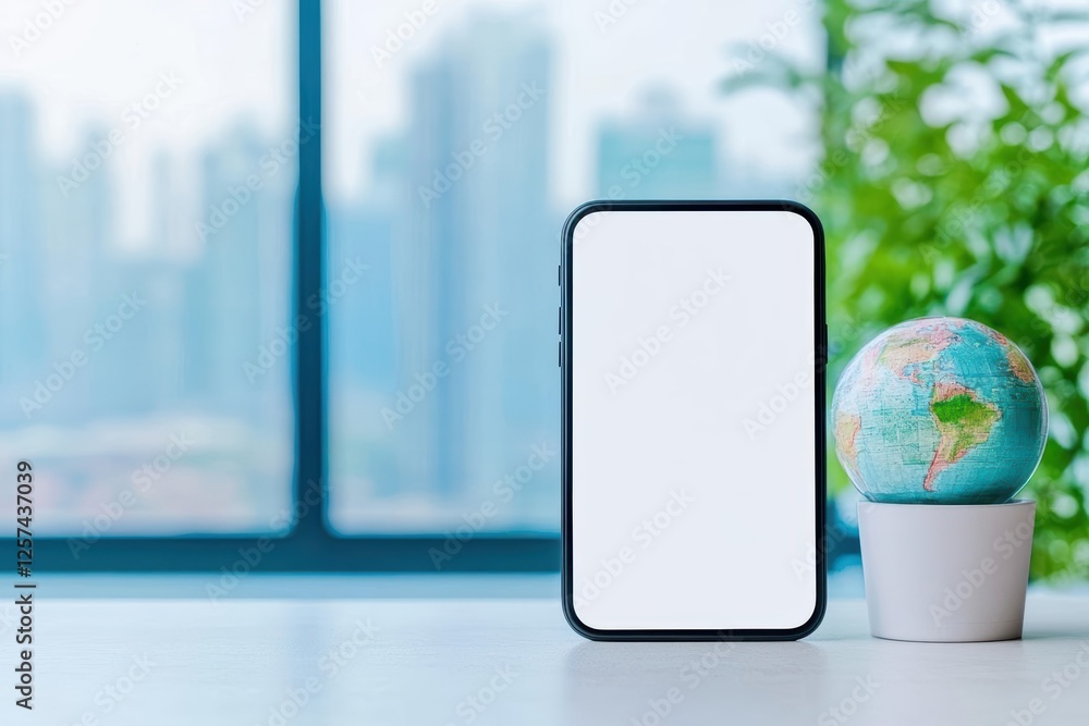 Poster smartphone with white screen placed next to a green plant on a light surface in a modern setting