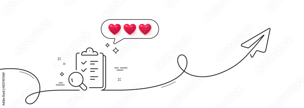 Poster inspect line icon. continuous line with share plane. quality research sign. verification review list