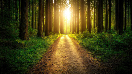 Fototapeta premium Pathway through forest with sunlight streaming through trees