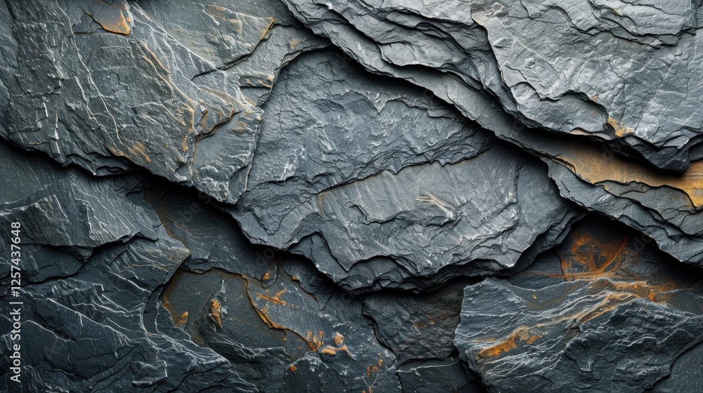 Poster close-up of natural slate rocks with textured layers and subtle rust accents