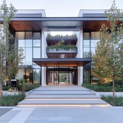 Modern Architectural Building with Glass Facade and Greenery