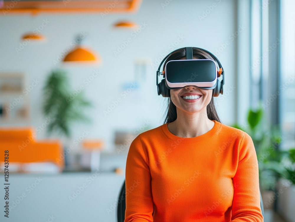 Poster woman engaged in virtual reality experience with headset and focused expression in modern setting