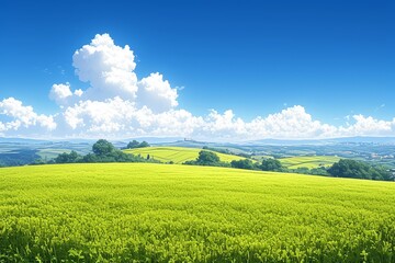 Fototapeta premium Scenic view, rolling hills, vibrant yellow rapeseed flowers, clear blue sky, tranquility, Tuscany landscape, nature's beauty, Italian countryside, peaceful scenery, spring bloom