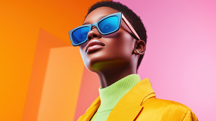 Beautiful African American Model Wearing Colorful Sunglasses and Animal Print Fashion, Beauty Portrait
