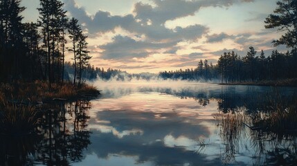 Fototapeta premium Serene dawn mist over tranquil lake reflecting sky