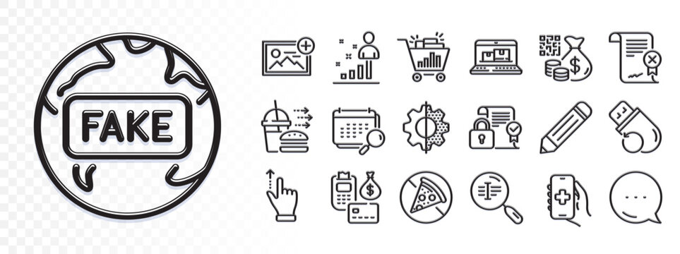 Pencil, Touchscreen gesture and Web inventory line icons for web app. Glare of light effect. Message icon. Pack of Security contract, Flash memory, Fake news pictogram icons. Vector