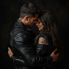 Stylish Couple in Black Leather Jackets Embracing, Dark Moody Portrait