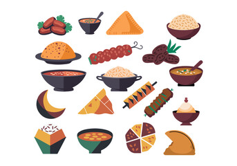 Food and Cuisine Vector Pack Bowls, Kebabs, Couscous, and Traditional Meals