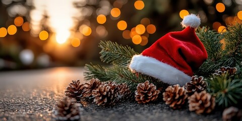 Festive christmas scene with red santa hat natural setting holiday decor warm atmosphere close-up view seasonal concept