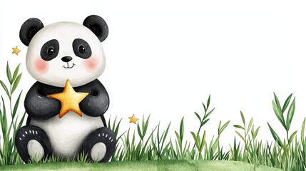 Obraz premium A cute panda holding a star sits in a grassy area, surrounded by lush green plants, creating a whimsical and friendly atmosphere.