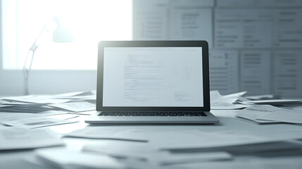 Laptop on Desk Surrounded by Documents in Bright Office