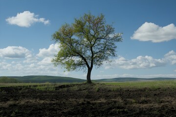Obraz premium Between destruction and hope, a tree that divides the world in two, one surrounded by polluting plants and the other by unspoiled open fields