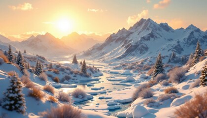 Serene snowy mountain landscape at sunrise with gentle river flowing through valley