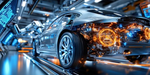 Fototapeta premium Futuristic car manufacturing assembly line advancements factory technology showcase industrial environment close-up view