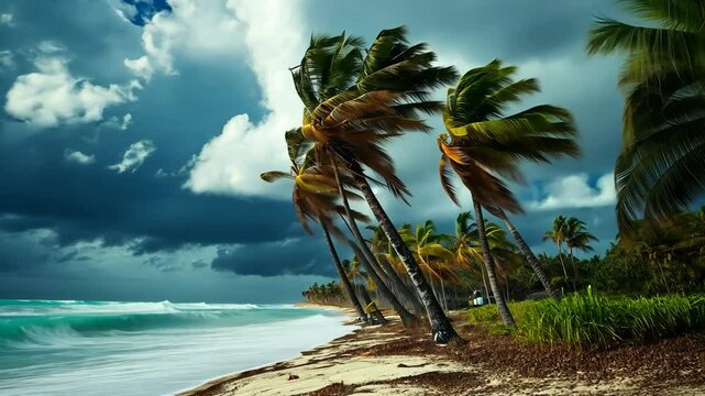 Strong winds bend tall palm trees along beach, storm is brewing. Ominous dark clouds, waves crash shore. Tropical scene. Nature beauty, dramatic power of ocean. Coastal landscapes, bas weather.