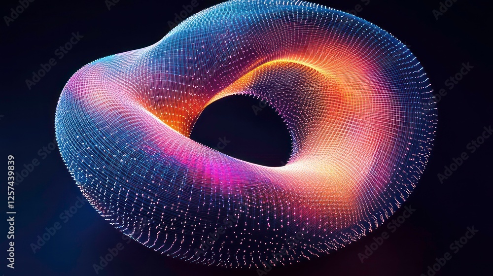 Fototapete Surreal Colorful Wireframe Torus with Connecting Dots and Lines in 3D Render, Isolated Geometric Model Showcasing Complex Structures and Vibrant Patterns for Abstract Art