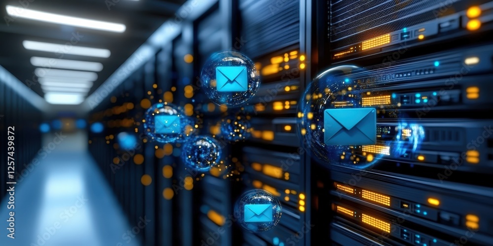 Poster futuristic data center operations digital environment 3d visualization high-tech setting tech concep