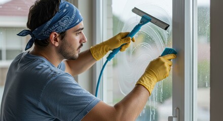 Man in bandana and gloves cleaning window with squeegee at home