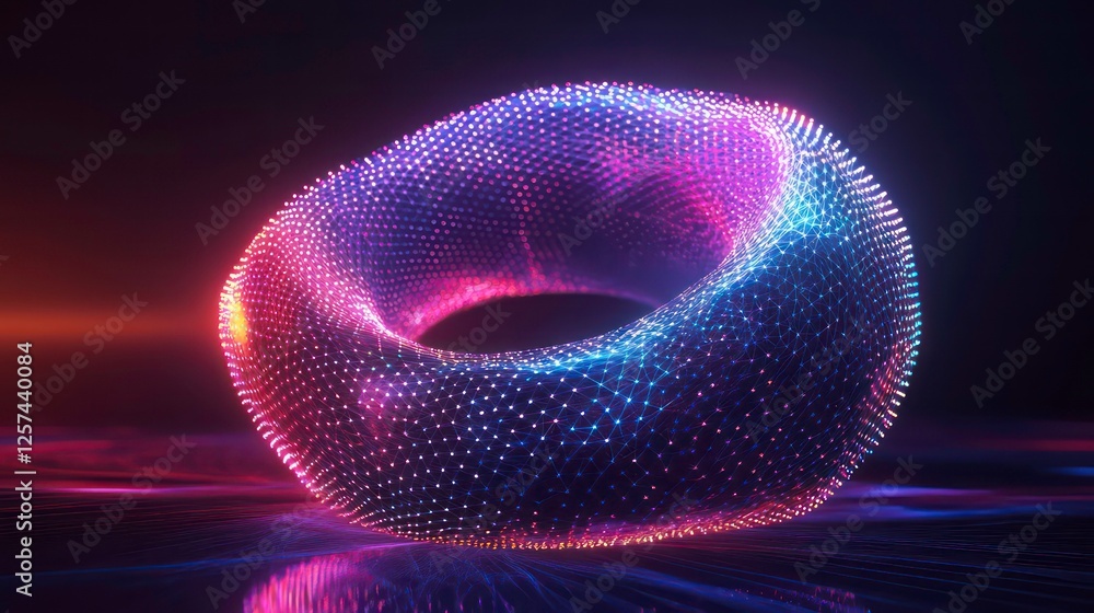 Fototapete Surreal Colorful Wireframe Torus with Connecting Dots and Lines in 3D Render, Isolated Geometric Model Showcasing Complex Structures and Vibrant Patterns for Abstract Art