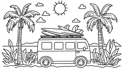 Surf van parked beach, palm trees, sunny day, coloring page