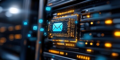 Naklejka premium Futuristic data center featuring glowing blue email icons tech hub digital infrastructure cyber environment close-up view innovation