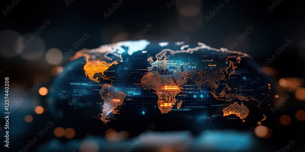 Poster futuristic digital world map with glowing data points global overview graphic visualization tech env