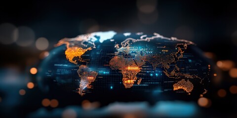 Fototapeta premium Futuristic digital world map with glowing data points global overview graphic visualization tech environment close-up view