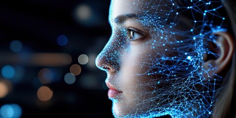 Futuristic digital art composition of a woman virtual environment portrait cybernetic aesthetics technology concept