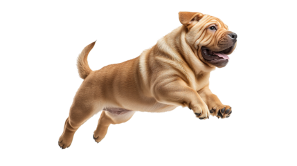 Shar Pei dog joyfully leaps in mid-air with a playful expression against a plain white background
