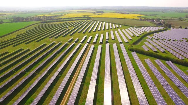 Aerial view of a solar farm in Northamptonshire England UK