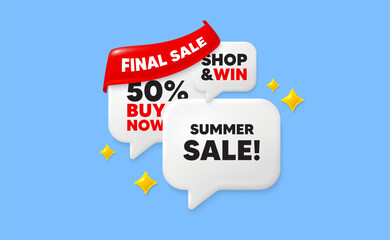 Summer sale speech bubbles. Final sale flag ribbon. Summer Sale tag. Special offer price sign. Advertising Discounts symbol. Discount chat bubbles with 3d sparkles. Vector