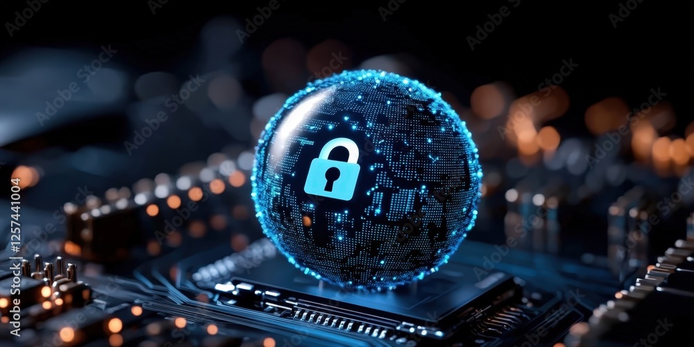 Poster digital security innovation protecting data with a glowing globe icon technology graphic design futu