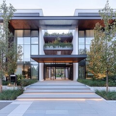 Modern Architectural Building with Lush Landscaping and Glass Facade