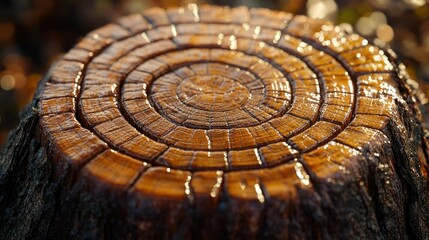 Close-up wet tree stump rings in forest
