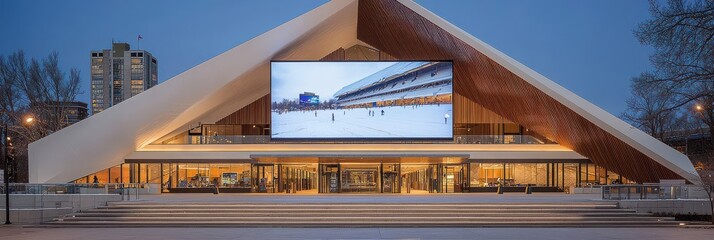 Modern Architectural Building with Large Screen Display at Night