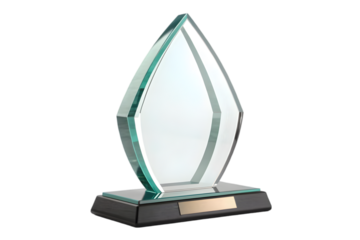 3D rendered mockup of an arrow-shaped glass trophy with an acrylic award design, transparent crystal plate template, and premium grand prix prize plaque