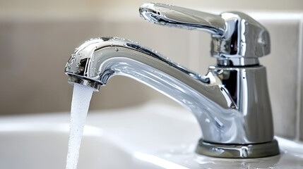 Chrome faucet running water in bathroom