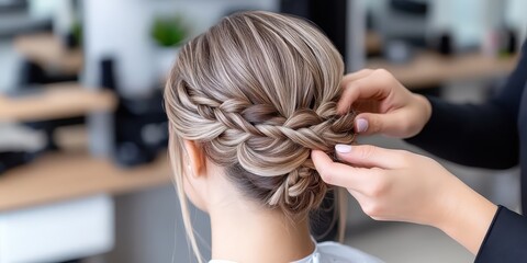 Fototapeta premium Hairstylist braiding elegant hair salon tutorial indoor close-up craftsmanship for stunning looks