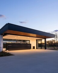 Modern Architectural Building with Open Air Design at Sunset
