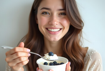A woman smiling while eating a cup of yogurt filled with blueberries