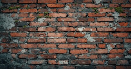 Weathered red brick wall with moss and patina details
