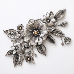Naklejka premium Silver floral brooch design, studio shot, white background, jewelry craft